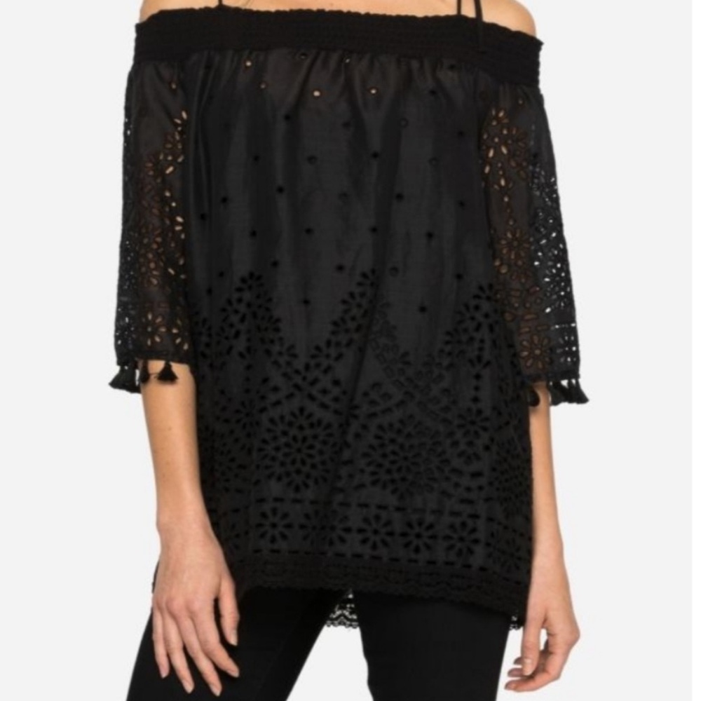 Johnny Was Black Off-Shoulder Lace Blouse